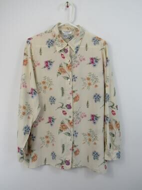 Italmode XXL 100% Silk Floral Cream Button Up Blouse Botanical Vintage